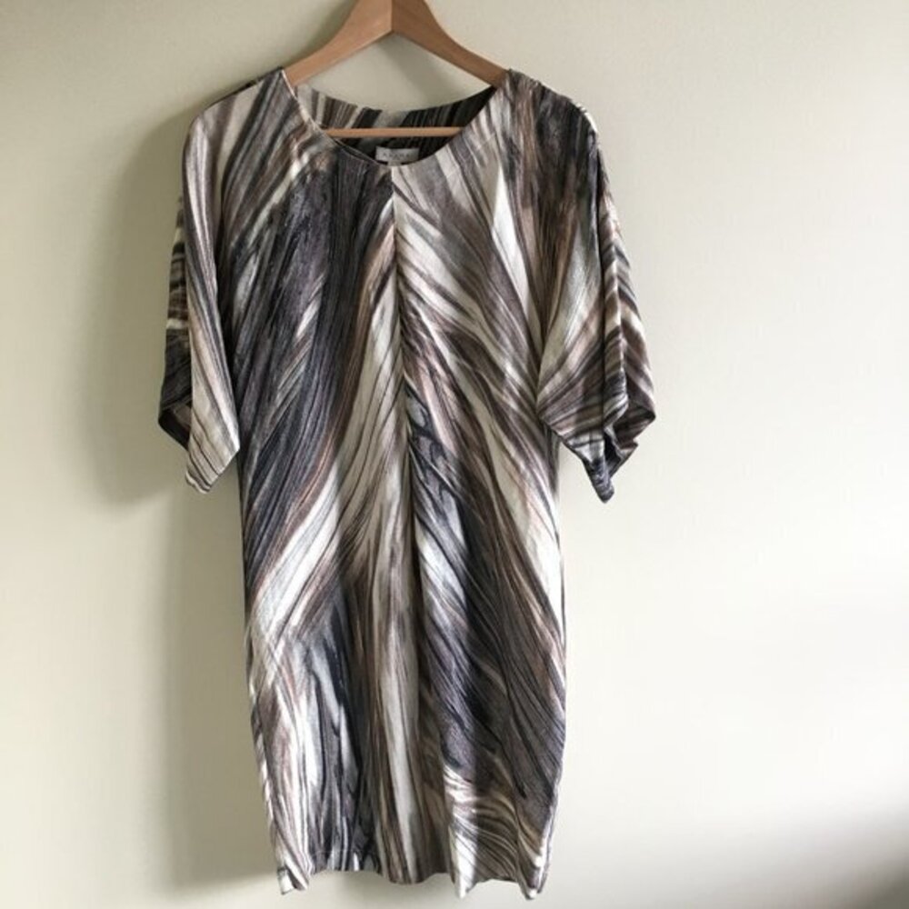 AXARA PARIS MIDI DRESS BEIGE ABSTRACT‎ PRINT SIZE 4